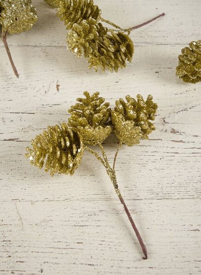 6in Long Gold Glitter Pine Cone Pick, Set of 12 Decor Jamali Garden