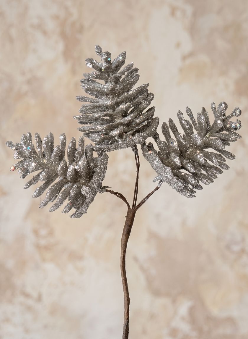 6in Long Silver Glitter Pine Cone Pick Decor Jamali Garden