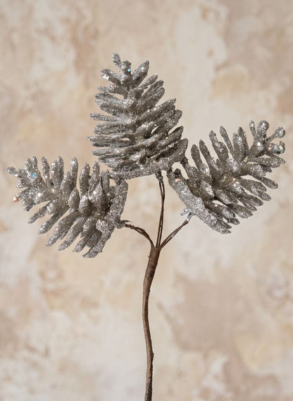 6in Long Silver Glitter Pine Cone Pick Decor Jamali Garden