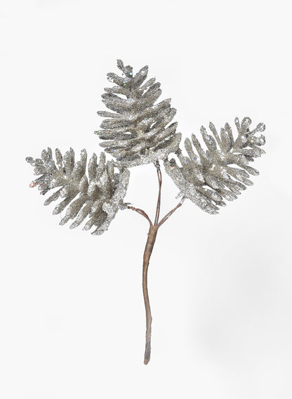 6in Long Silver Glitter Pine Cone Pick Decor Jamali Garden