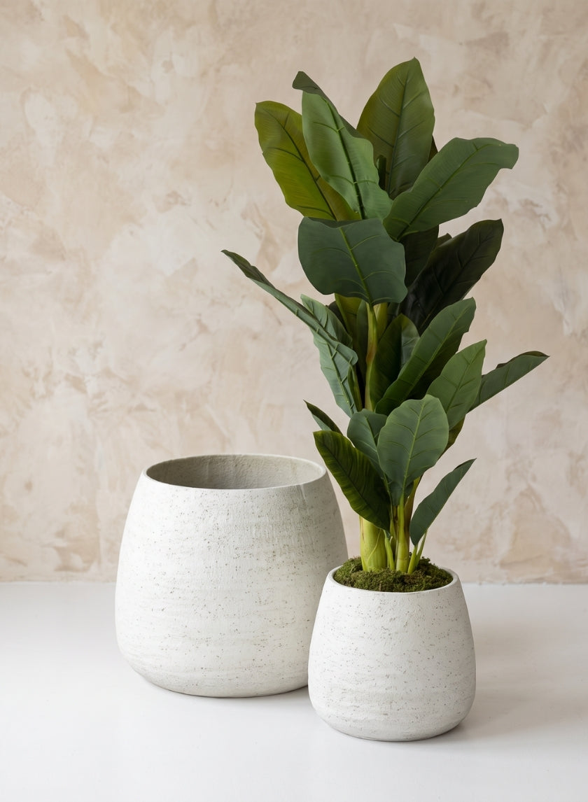 Essaouira Fiber Cement Bell Pot, Rustic White Decor Jamali Garden