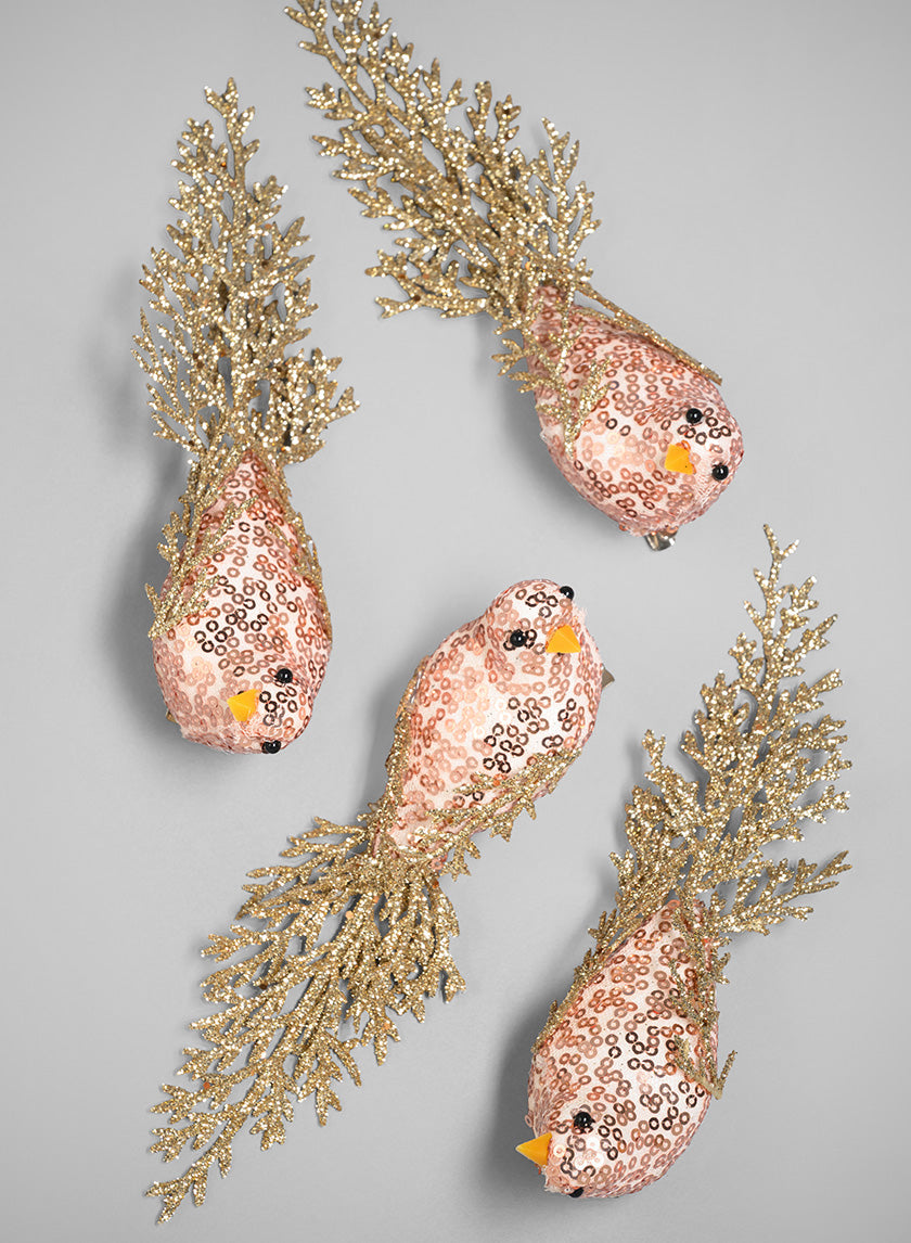 7in Long Rose Gold Fancy Tail Glitter Bird Ornament Decor Jamali Garden