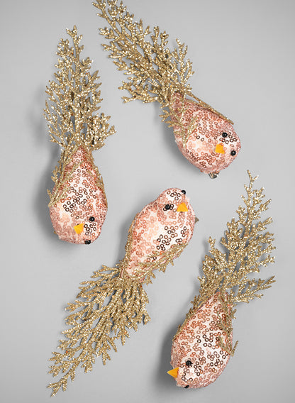 7in Long Rose Gold Fancy Tail Glitter Bird Ornament Decor Jamali Garden