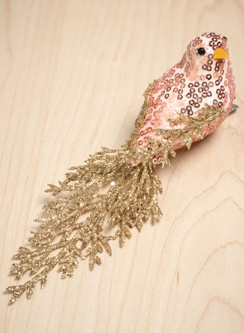 7in Long Rose Gold Fancy Tail Glitter Bird Ornament Decor Jamali Garden