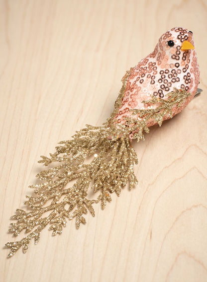 7in Long Rose Gold Fancy Tail Glitter Bird Ornament Decor Jamali Garden