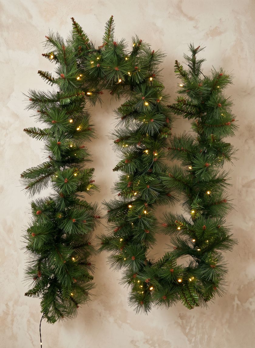 9ft Long Pine Needle Garland with Warm White 100 L.E.D. Lights Decor Jamali Garden