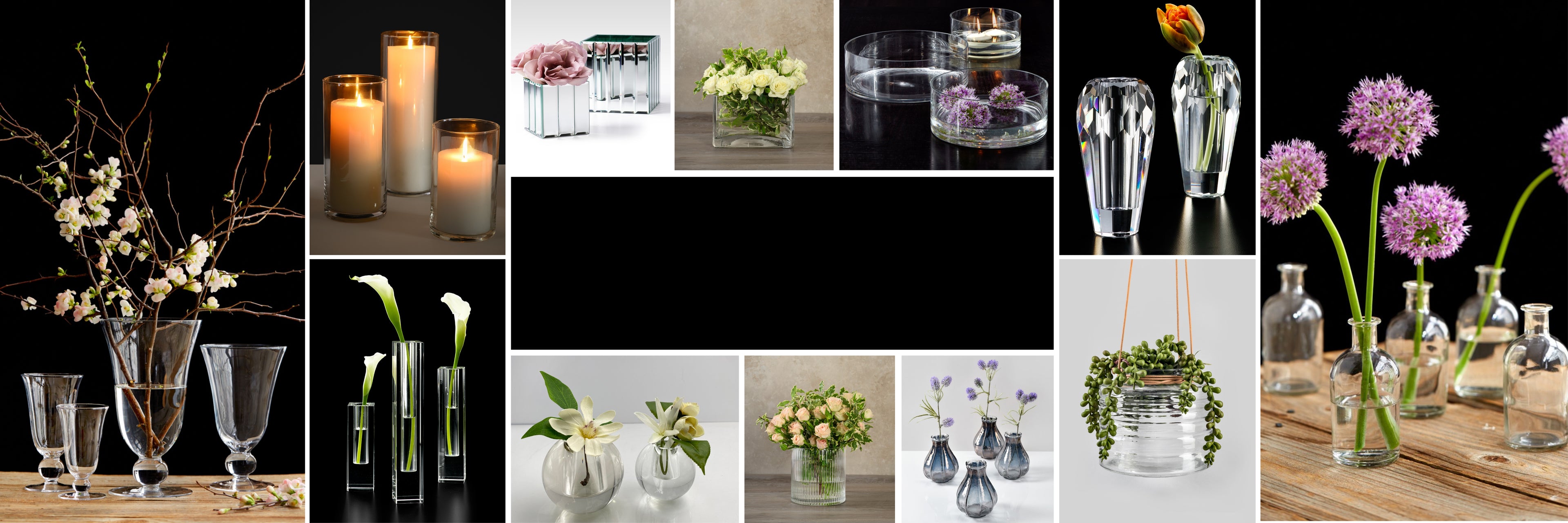 Collage of various vases and floral arrangements on a dark background