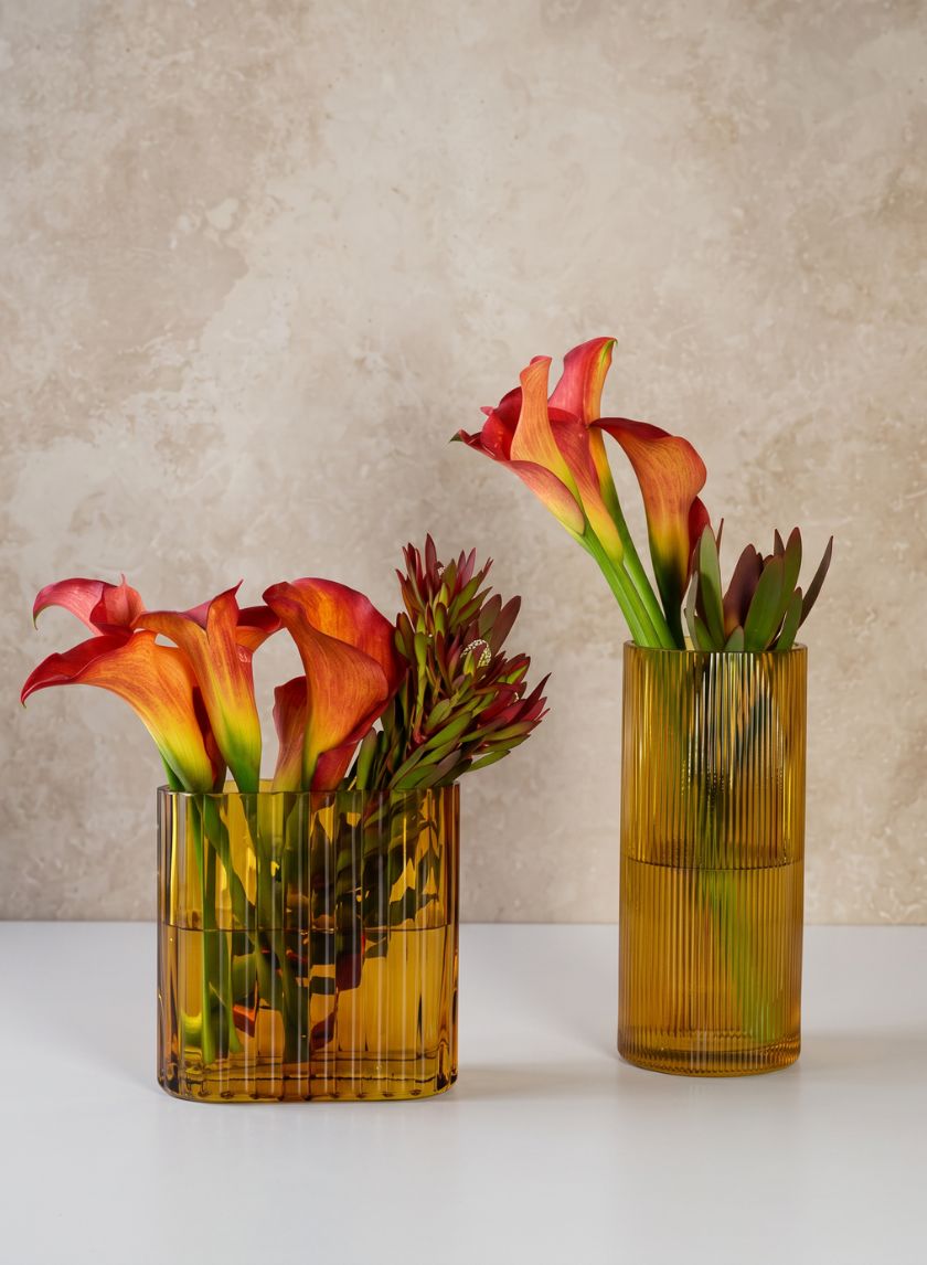 Amber Pleated Glass Cylinder and Oval Vase Decor Jamali Garden