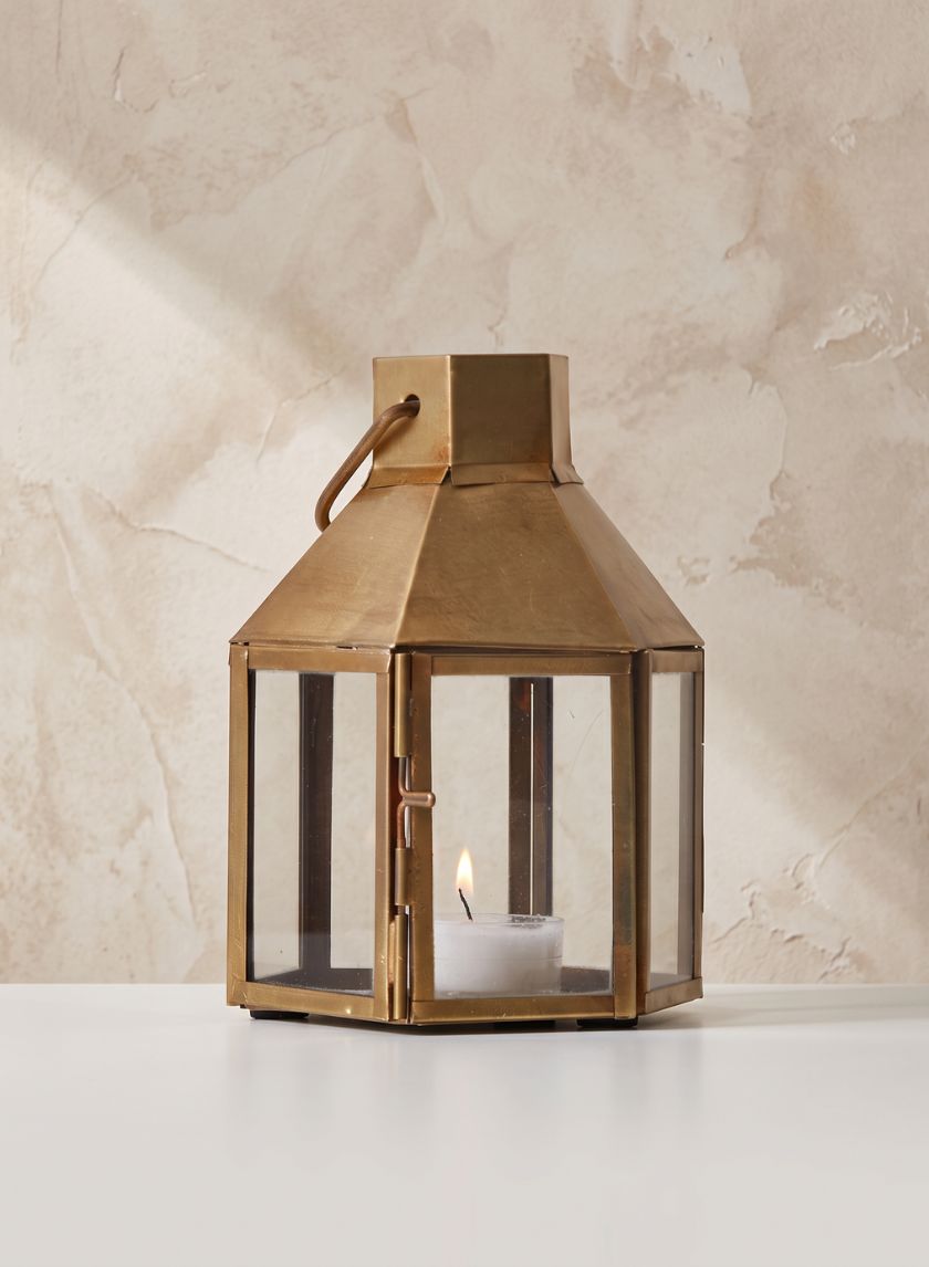 5.5in Tall Rustic Brass Hexagon Lantern Decor Jamali Garden