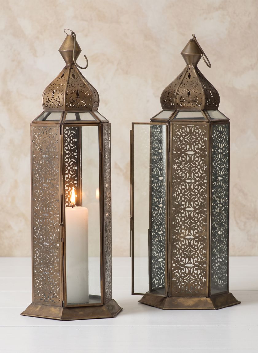 16in Tall Antique Bronze Jaipur Pattern Panel Lantern Decor Jamali Garden