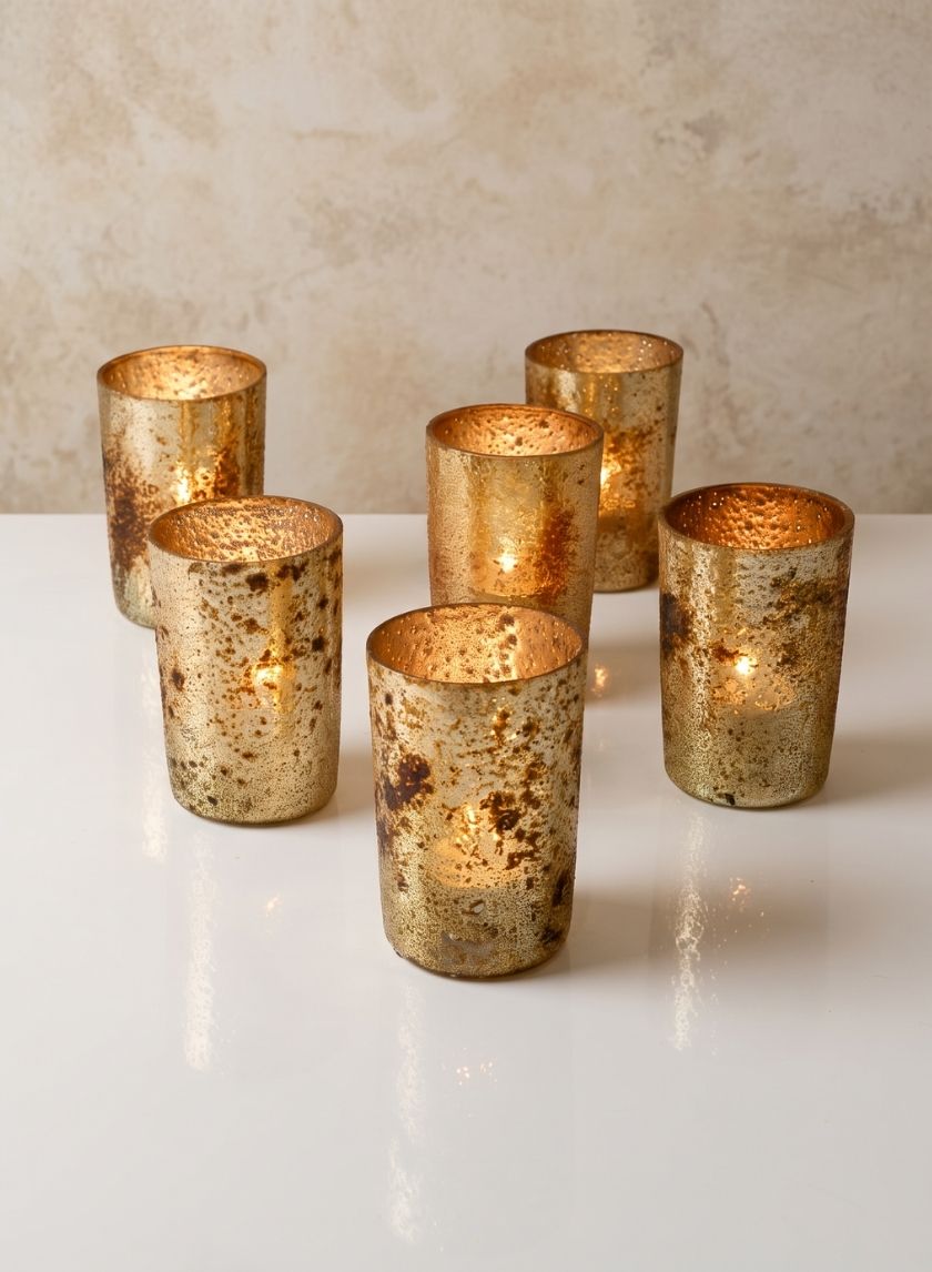 3 ¼in Tall Vintage Bronze &amp; Silver Glass Votive, Set of 6 Decor Jamali Garden