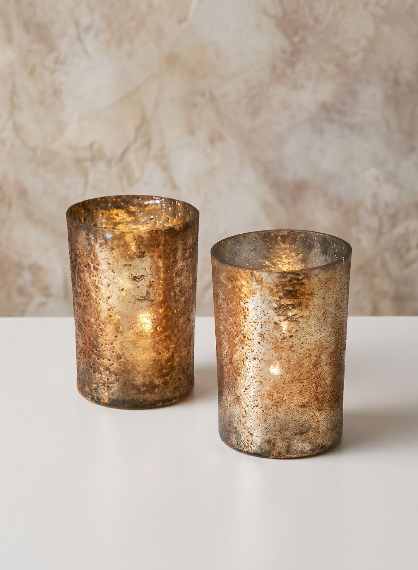 4in Tall Vintage Bronze &amp; Silver Glass Votive Decor Jamali Garden