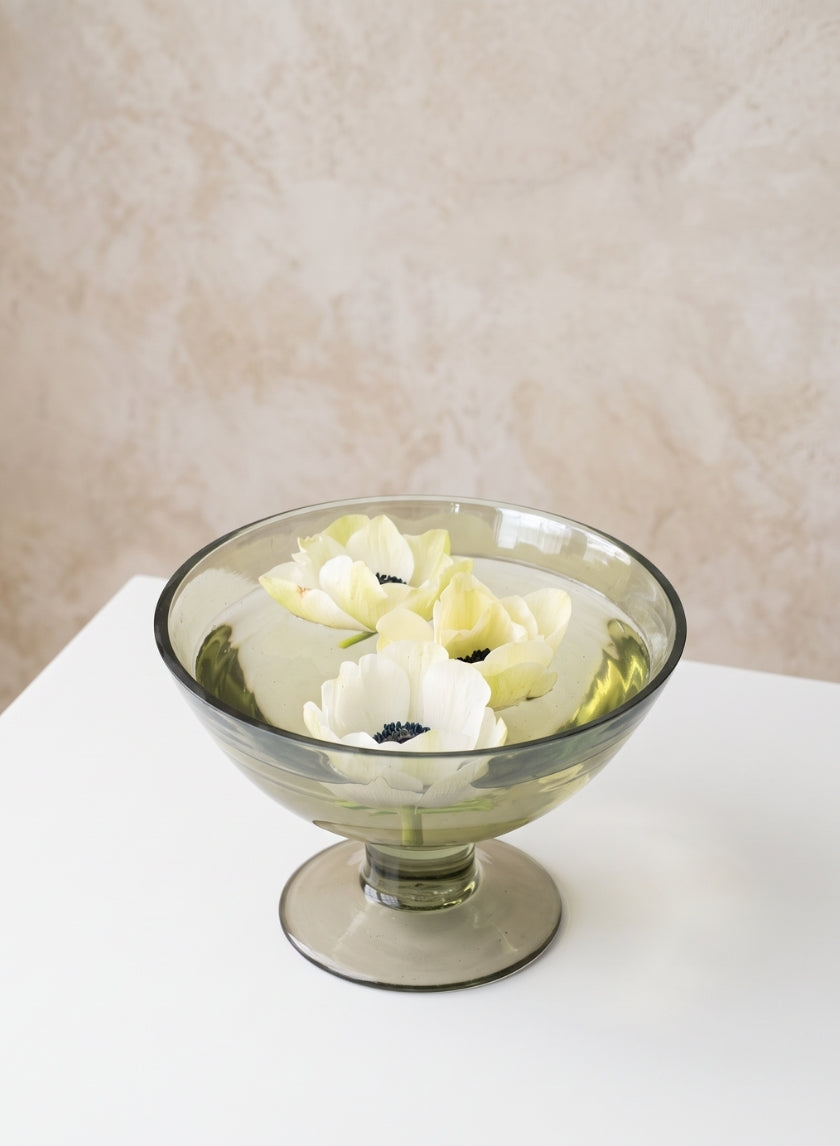 6in Wide Malaga Green Luster Glass Flower Compote Decor Jamali Garden