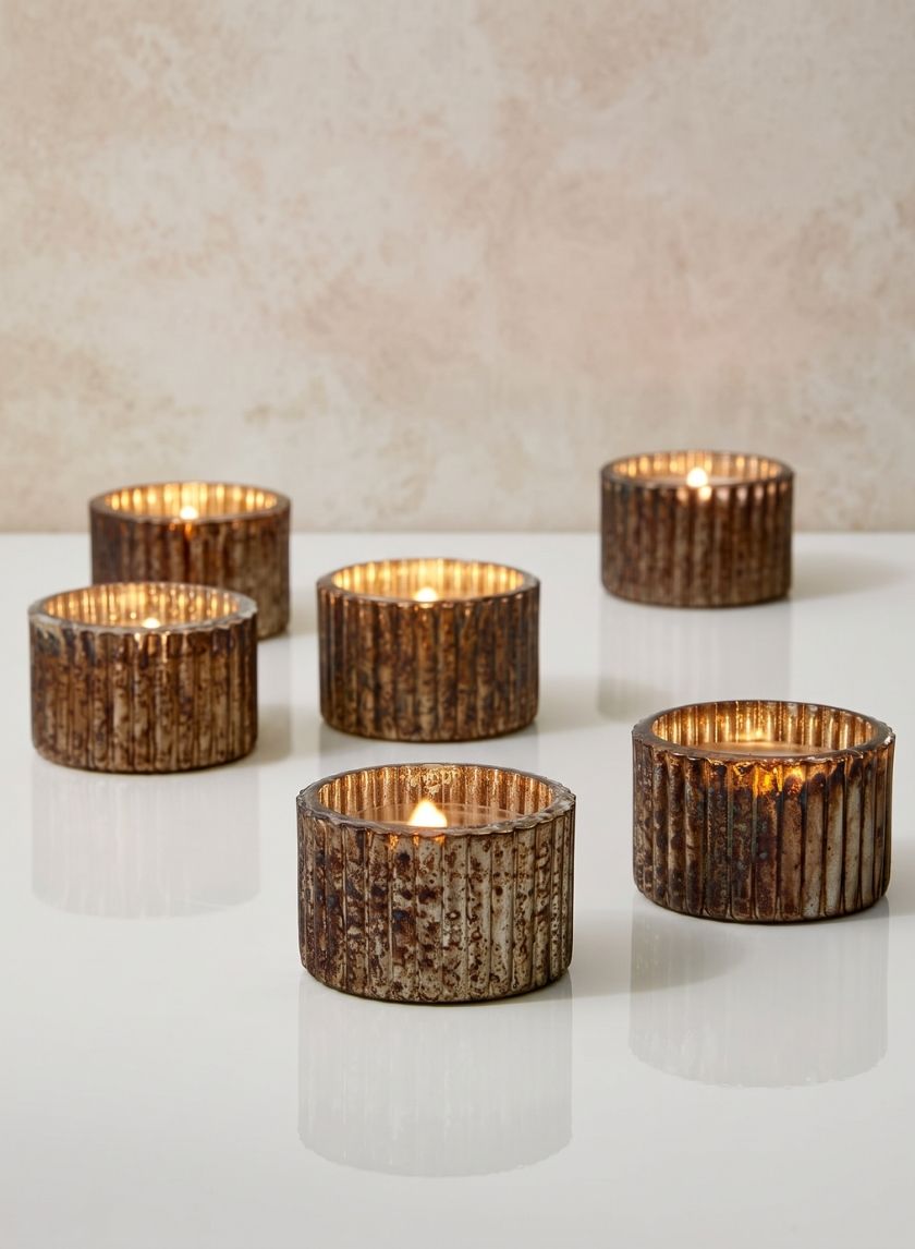 2in Wide Ribbed Rust &amp; Silver Tea Light Glass Holders, Set of 6