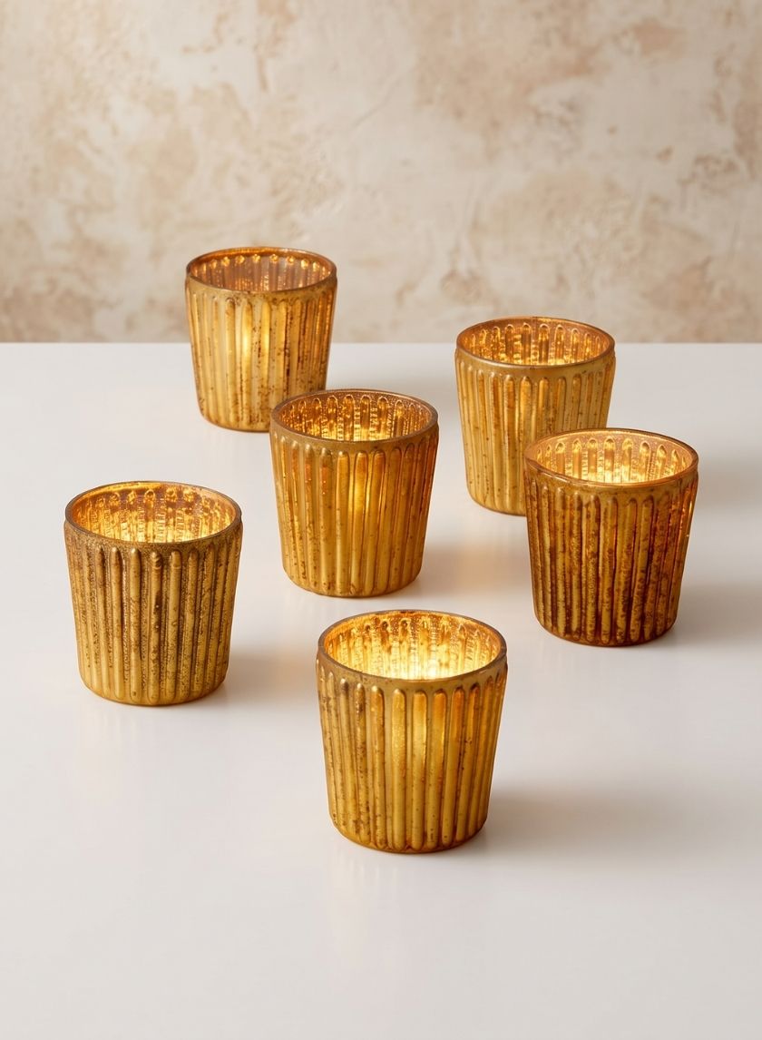 2.75in Tall Ribbed Amber Mercury Glass Votive Holder, Set of 6