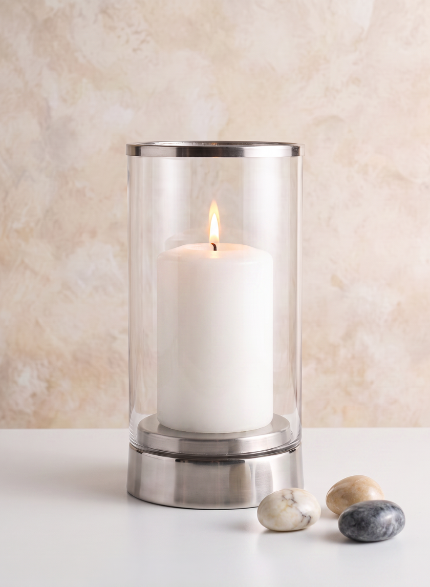 A lit pillar candle is displayed in the 11.5in Tall Silver &amp; Glass Candle Hurricane, resting on a white surface beside three smooth stones, set against a beige marbled background.