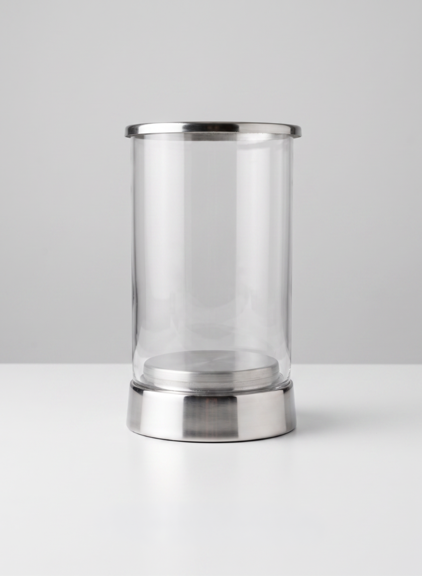 A 7in Tall Silver &amp; Glass Candle Hurricane with a stainless steel base and rim sits on a white surface against a light gray background.