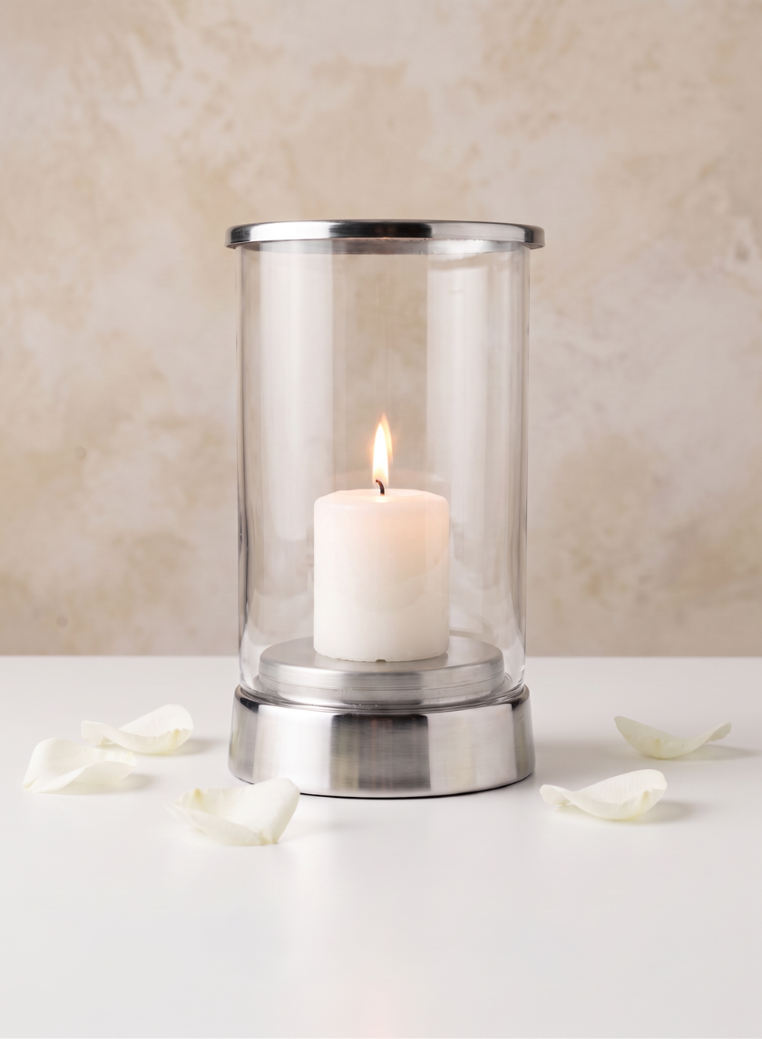 A white candle glows inside the 7in Tall Silver &amp; Glass Candle Hurricane, surrounded by scattered white rose petals on a white surface with a beige background.