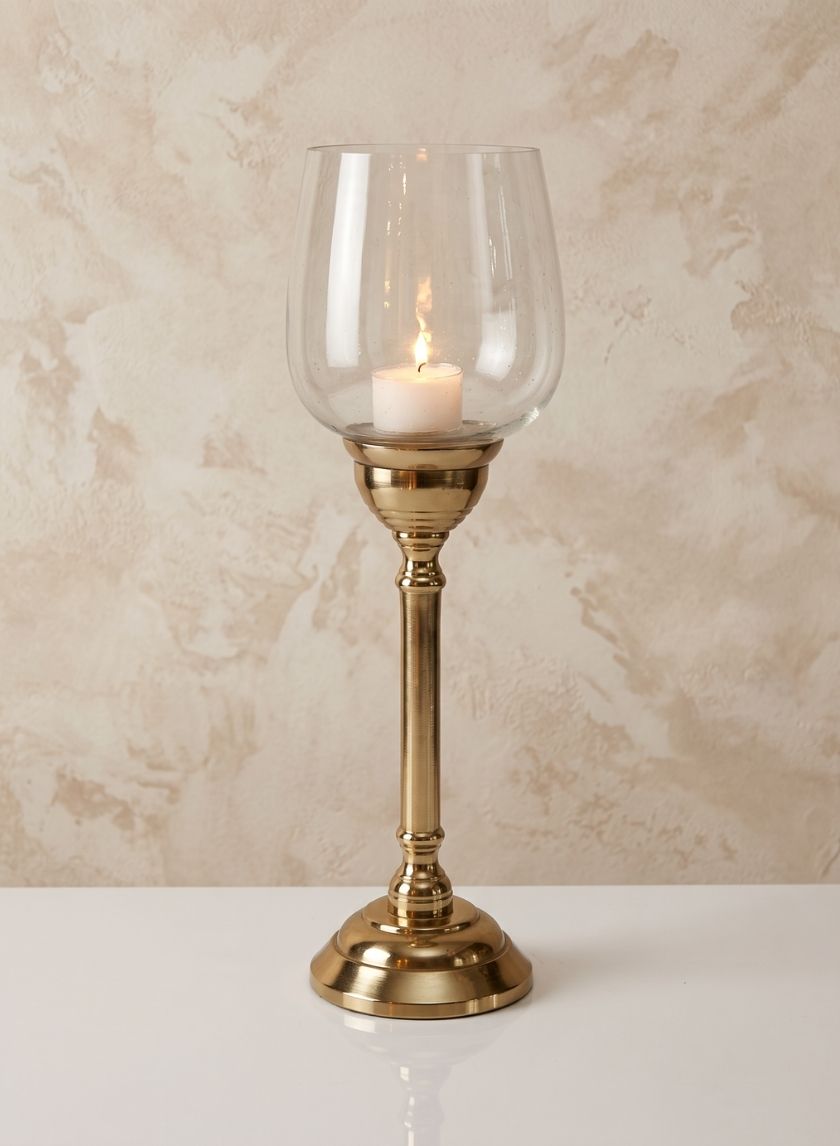 15in Tall Petra Gold Metal Candlestick with Glass