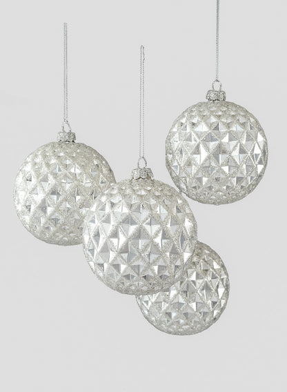 4in Round Glitter Silver Vine Glass Ball Ornament, Set of 4 Decor Jamali Garden