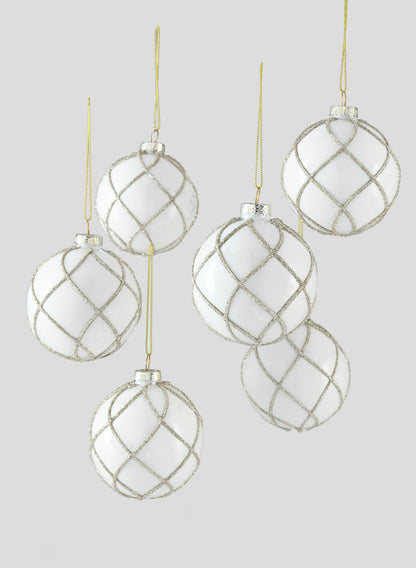 3in Round Glitter Swirl White Glass Ornament Ball, Set of 6 Decor Jamali Garden