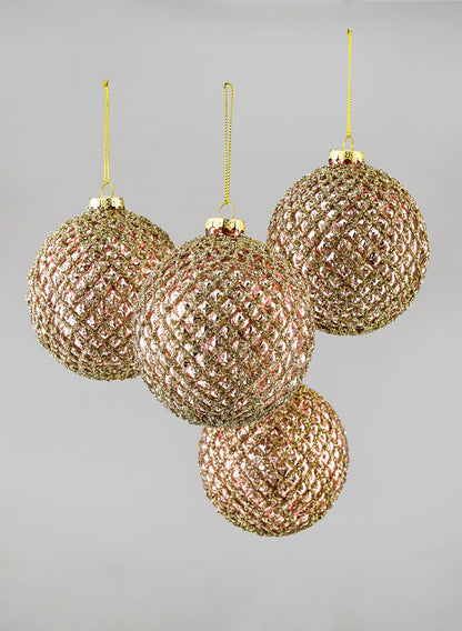 4in Round Glittered Rose Gold Hobnail Glass Ornament Ball, Set of 4 Decor Jamali Garden