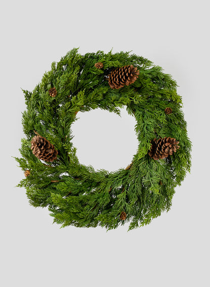 24in Wide Green Cypress Wreath With Pine Cones Decor Jamali Garden