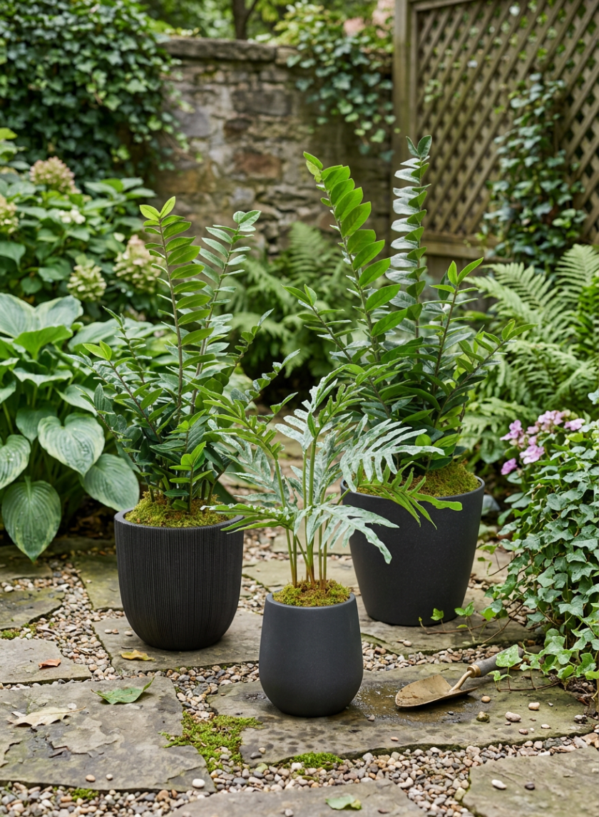 Three Sierra Aged Black Real Look PVC Planters sit on a stone patio in a lush garden with leafy foliage and ferns. A trowel rests on the stones near the lightweight, modern planters.