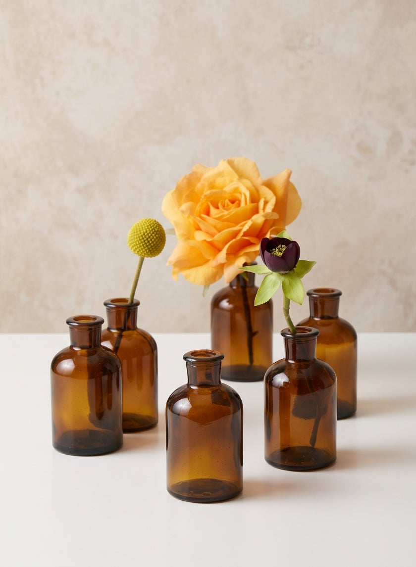 4in Tall Dark Amber Glass Bottle Vase, Set of 6