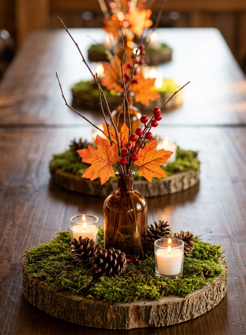 Autumn table centerpiece featuring an amber bottle filled with branches, red berries, and orange leaves, arranged on a 6in-7in Wide Paulownia Wood Slice and surrounded by moss, pinecones, and glowing votive candles.