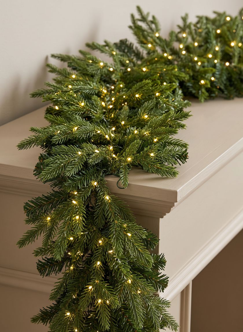 6ft Long Warm White Pre-Lit Pine Garland (200 Lights) Decor Jamali Garden