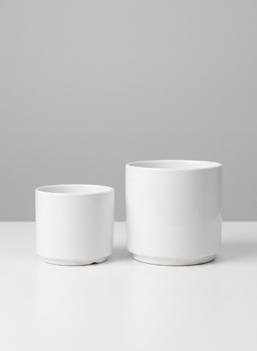 Two Florist Choice Gloss White Cylinders in different sizes sit side by side on a white surface against a light gray background.
