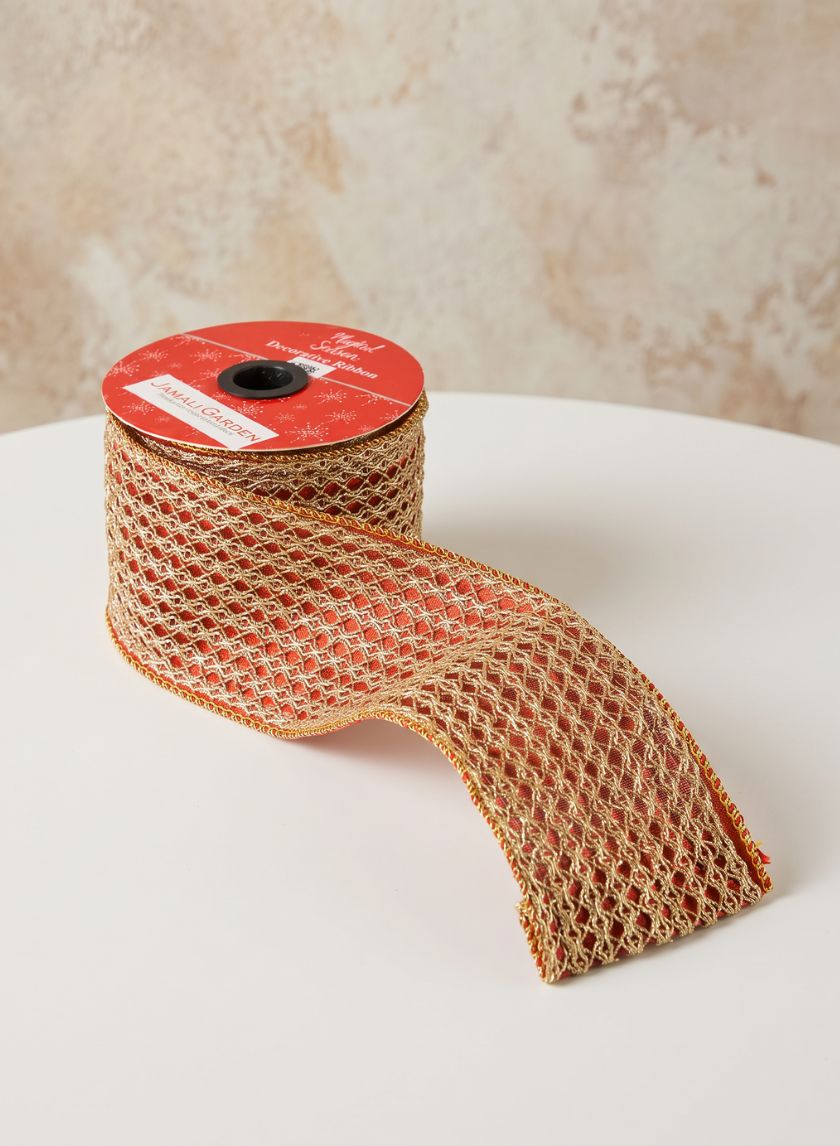 16.40ft Zardozi Red Gold Ribbon Decor Jamali Garden