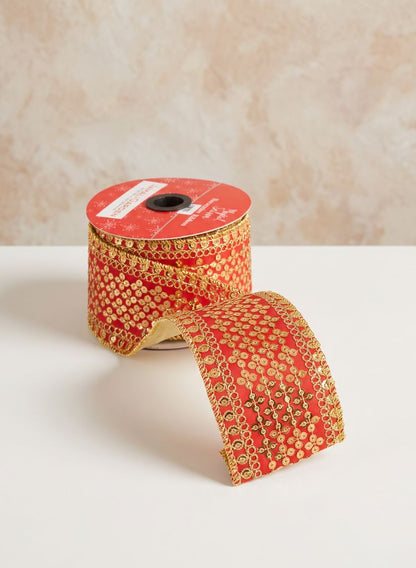 16.40ft Long Royal Nawab Red Gold Ribbon Decor Jamali Garden