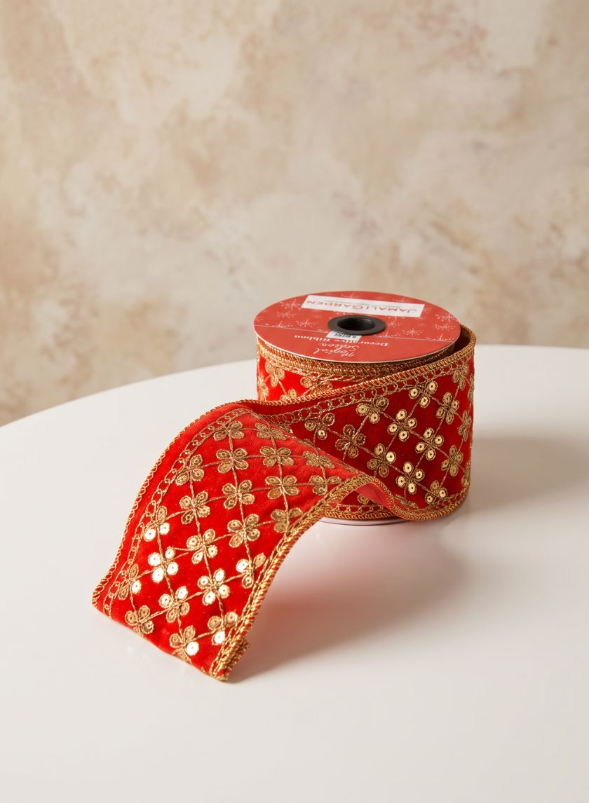 16.40ft Long British Raj Red Gold Ribbon Decor Jamali Garden
