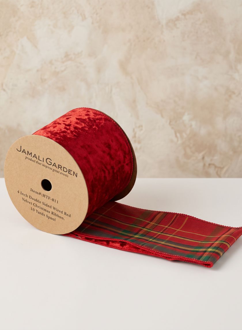 4in Double Sided Wired Red Velvet Christmas Ribbon, 10 Yards Decor Jamali Garden