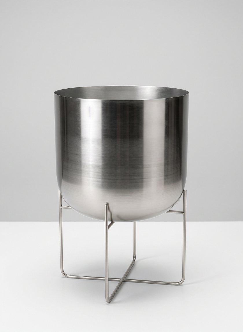 A 23in Tall Silver Planter With Stand, featuring a large brushed stainless steel container supported by a minimalistic metal base with four slender legs that cross at the bottom, is displayed against a plain light gray background.