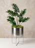 A 23in Tall Silver Planter With Stand holds a potted green plant with broad, split leaves, displayed on a white surface against a light beige textured wall.