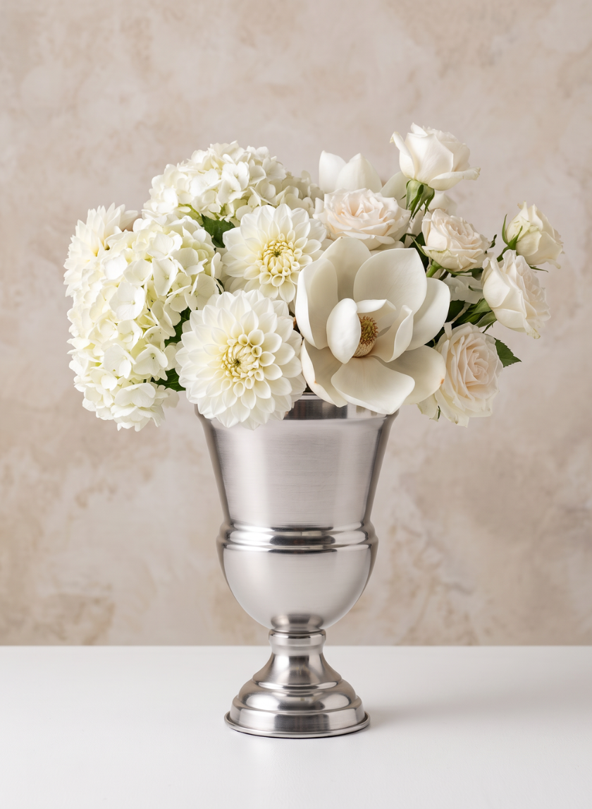 An 11.25in Tall Silver Urn Metal Vase filled with white hydrangeas, dahlias, magnolia, and roses sits on a white surface against a light beige, textured background.