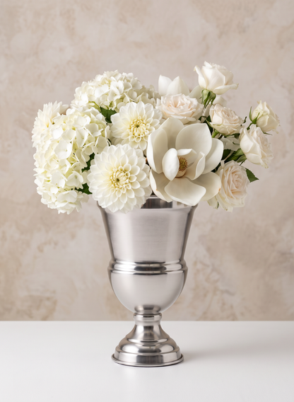An 11.25in Tall Silver Urn Metal Vase filled with white hydrangeas, dahlias, magnolia, and roses sits on a white surface against a light beige, textured background.