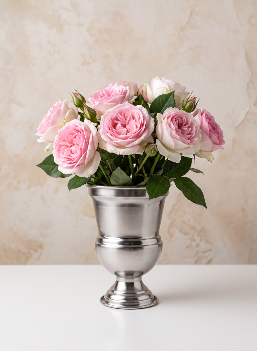 A 7.5in Tall Silver Urn Metal Vase filled with pink roses sits on a white surface against a cream-colored, textured wall background.