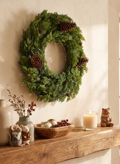 24in Wide Green Cypress Wreath With Pine Cones Decor Jamali Garden