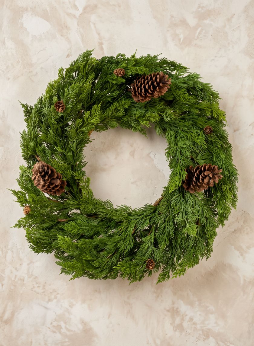 24in Wide Green Cypress Wreath With Pine Cones Decor Jamali Garden