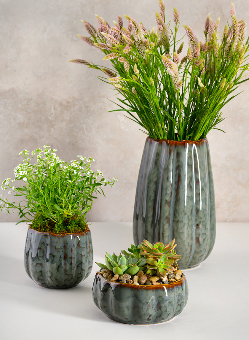 4.5in Tall Grey Glazed Leif Ceramic Cachepot Decor Jamali Garden