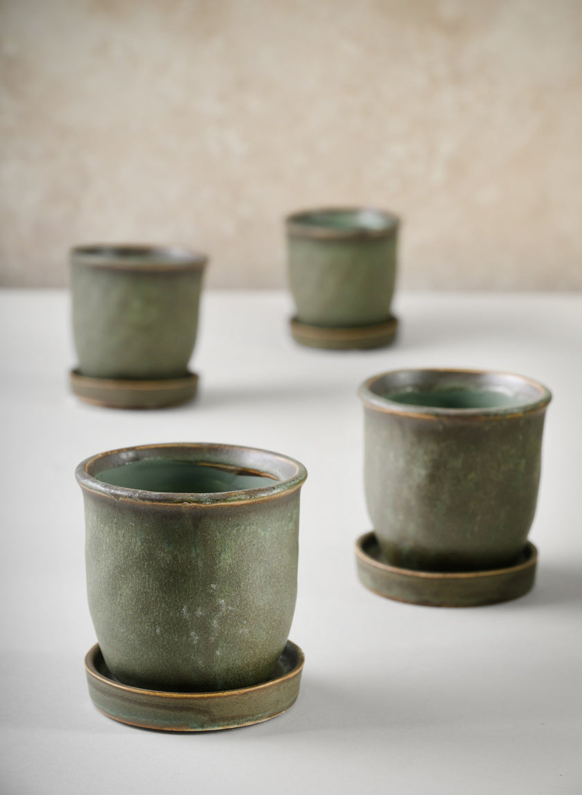 3in Tall Azra Aged Green Ceramic Pot with Saucer, Set of 4