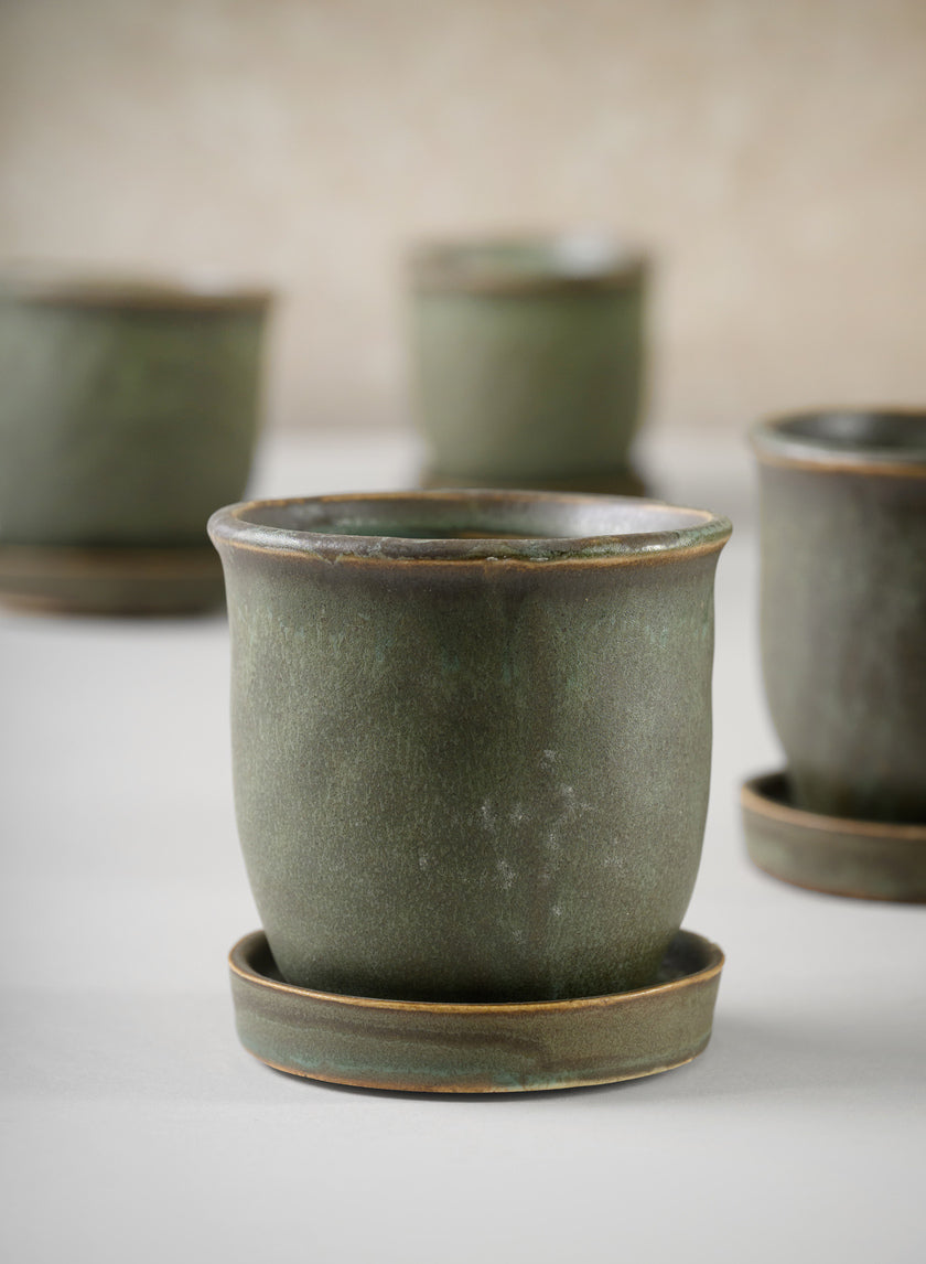 3in Tall Azra Aged Green Ceramic Pot with Saucer, Set of 4