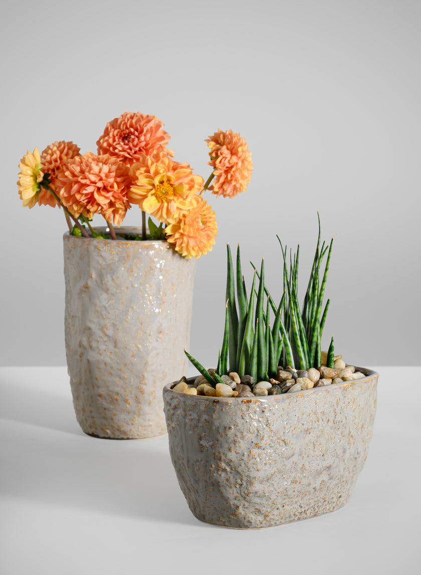 4.5in Tall Bursa Oval Taupe Ceramic Cachepot Decor Jamali Garden