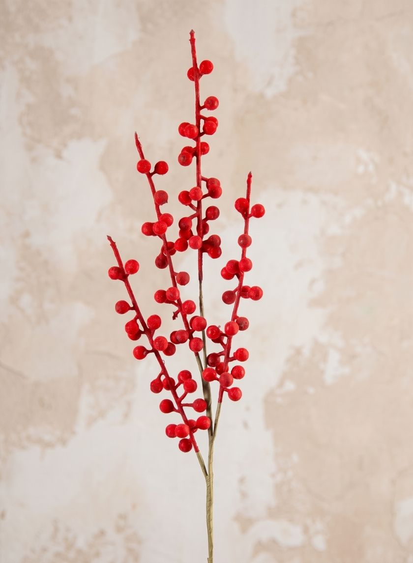 24in Long Red Flocked Berry Stem Decor Jamali Garden