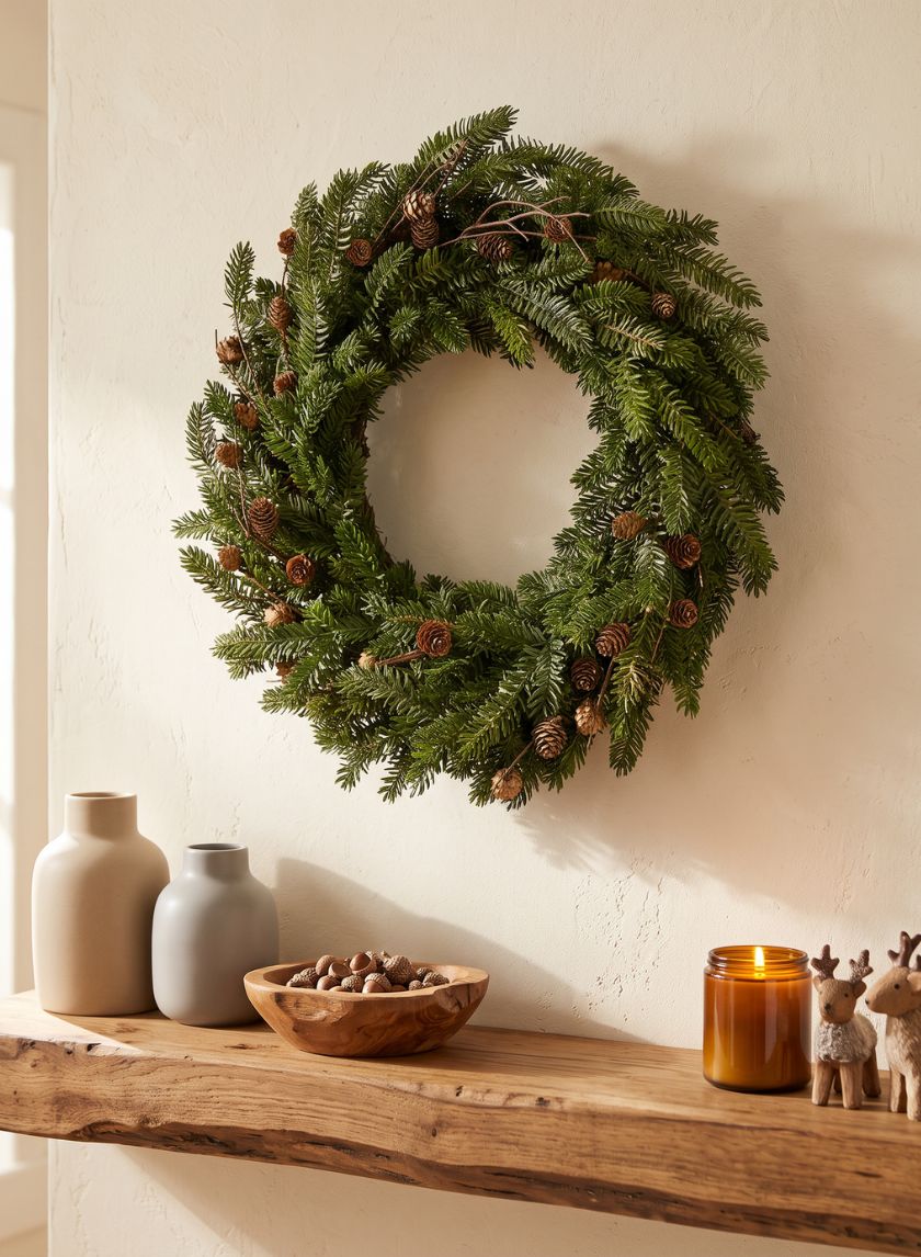 25in Wide Pine Wreath with Pine Cones Decor Jamali Garden