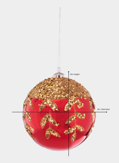 6in Round Plastic "Real Glass Look" Beaded Leaves Red Ornament
